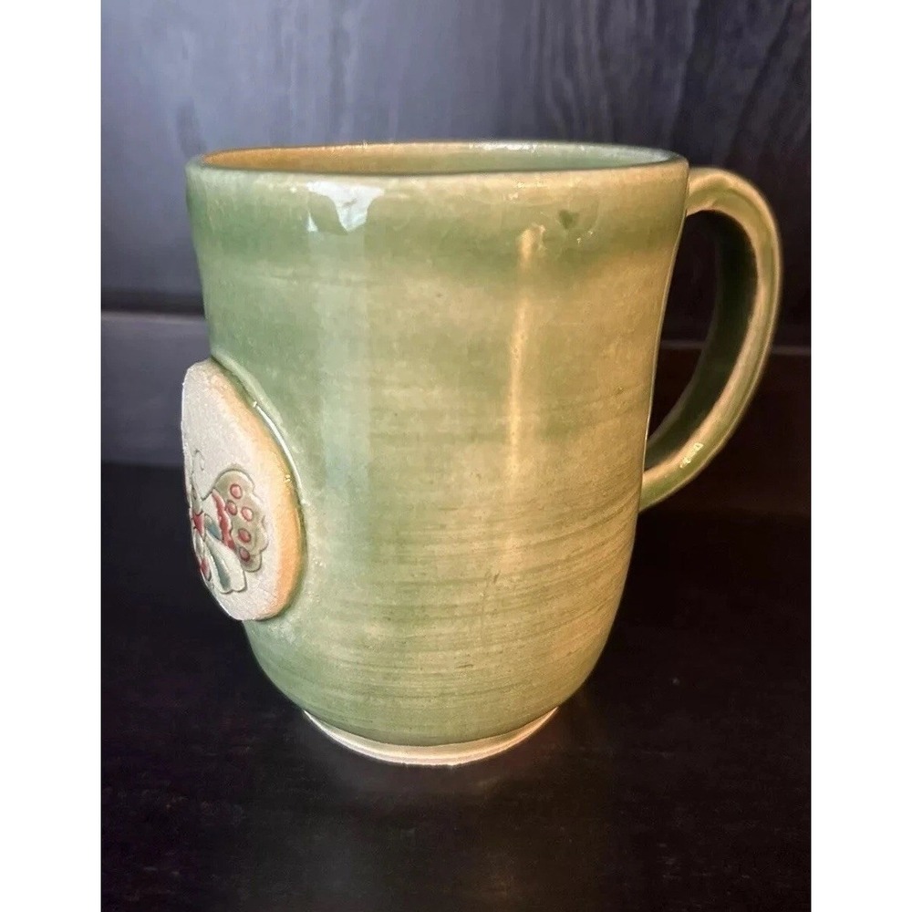 Coffee Mug Spring Handmade Butterfly Tea Dimensional Shiny Green Glaze